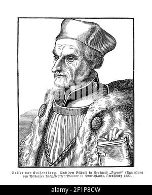 Gravurportrait von Johann Geiler von Kaysersberg ( 1445 - 1510), populärer deutscher Prediger des 15th. Jahrhunderts, Verfechter der moralischen Restauration der Kirche Stockfoto