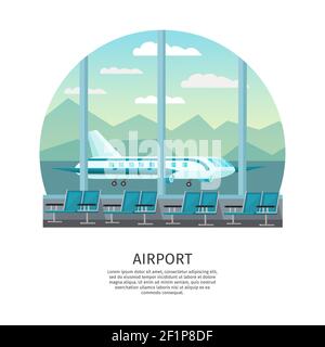 Flughafen-Interieur orthogonale Design mit Wartehalle und Blick aus Fenster am Flugplatz Vektordarstellung Stock Vektor