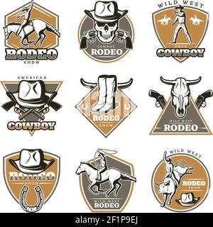 Bunte Vintage Rodeo Labels Set mit Cowboys Reiten Tiere Waffe Und Wild-West-Elemente isoliert Vektor-Illustration Stock Vektor