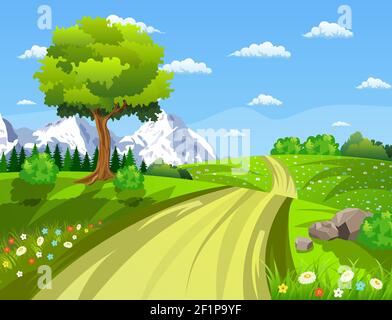 Grüne Landschaft mit Bäumen Wolken Blumen Stock Vektor