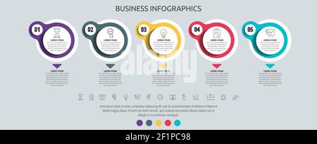 Kreise Vektor-Infografik mit 5 Schritt, Symbole. Zeitachse für Diagramm, Diagramm, Web, Banner, Workflow-Layout, Präsentationen, Flussdiagramm, Prozesse Stock Vektor