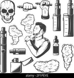 Vape Elements Kollektion mit elektronischen Zigaretten Rauch Totenkopf Flasche Vaporizer Und Raucher Mann isoliert Vektor-Illustration Stock Vektor