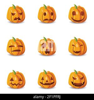 Set von neun isolierten halloween Kürbis Symbole mit Emotionen emoji Smileys mit Schatten auf leeren Hintergrund Vektor-Illustration Stock Vektor