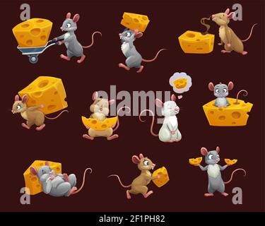 Maus und Ratte mit Käse Comic-Figuren. Vector Nagetier Tiere mit niedlichen Gesichtern, lustige braune, graue und weiße Mäuse essen und tragen, schlafen ein Stock Vektor