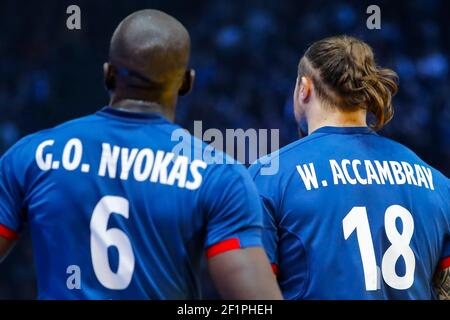 William ACCAMBRAY (FRA) +, Guy Olivier NYOKAS (FRA) während der Männer Handball Weltmeisterschaft Frankreich 2017 Match Gruppe A, zwischen Frankreich und Brasilien, am 11. Januar 2017 in der Accorhotels Arena in Paris, Frankreich - Foto Stephane Allaman / DPPI Stockfoto