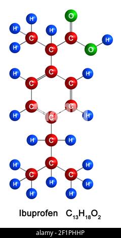 3D Darstellung der molekularen Struktur von Ibuprofen isoliert auf weißem Hintergrund. Atome werden als Kugeln mit Farb- und chemischer Symbolcodierung dargestellt: Stockfoto