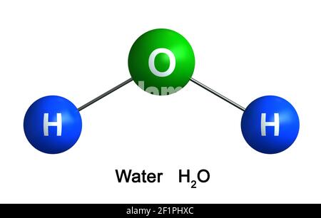 3D Darstellung der molekularen Struktur des Wassers isoliert auf weißem Hintergrund. Atome werden als Kugeln mit Farb- und chemischer Symbolcodierung dargestellt: Hydr Stockfoto