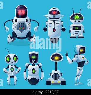 Roboter, Cartoon AI Chatbots und Bots, Vektor-Kind Spielzeugfiguren. Android-Roboter und Zukunft Chatbots oder Robo Alien Cyborgs, futuristische Transformator mons Stock Vektor