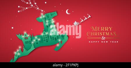 Frohe Weihnachten Happy New Year Banner Illustration der Winterstadt 3D Papercut in Rentier-Tier-Form. Realistische geschnitzte Papier Handwerk Ausschnitt mit festi Stock Vektor