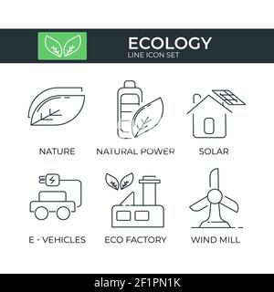 Ökologie und Bio Icon Set von Blatt, Green Energy, Solarmodul, Elektrofahrzeug, Green Factory, Windmühle Stock Vektor