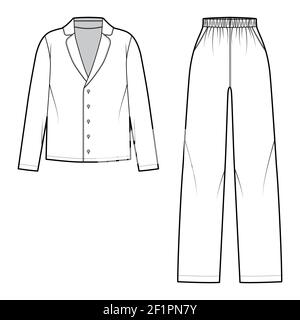 Set von Sleepwear Pyjamas Hemd, Hose technische Mode Illustration mit voller Länge, normale Taille, übergroß, Knopfverschluss, lange Ärmel. Flatfront, in weißer Farbgebung. Frauen Männer Unisex CAD mockup Stock Vektor