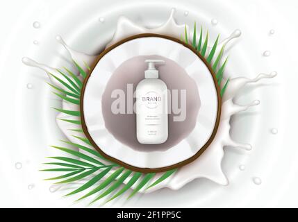 Kosmetische Anzeigen realistische Vektor. Weiße Spenderflasche mit Lotion und die Hälfte der Kokosnuss auf dem Hintergrund der Milch Spritzer mit Tropfen. Mock up Promo Banner, Konzept Poster für natürliche Bio-Kosmetik Stock Vektor