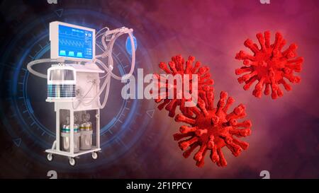 cg Medicine 3D Illustration, ITS Lungenventilator mit Covid Stockfoto