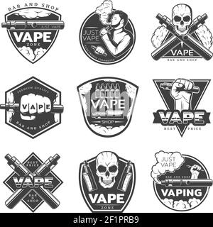 Vintage Vape Labels mit Vaporizer Smoker elektronische Zigarette und Totenkopf Isolierte Vektordarstellung Stock Vektor