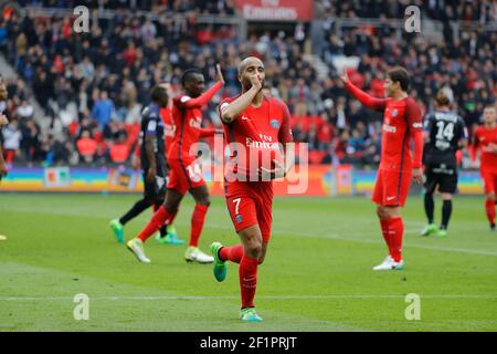 Lucas Rodrigues Moura da Silva (psg) erzielte ein Tor und feierte es, Blaise Mathuidi (psg) und Maxwell Scherrer cabelino Andrade (psg) während der französischen Meisterschaft Ligue 1 Fußballspiel zwischen Paris Saint-Germain (PSG) und Bastia am 6. Mai 2017 im Parc des Princes Stadion in Paris, Frankreich - Foto Stephane Allaman / DPPI Stockfoto