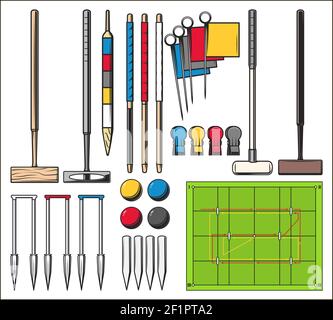 Croquet Sportplatz und Ausrüstung Set. Holzschlägel und Bälle, Mittelpfeife, Torpfeife und Reifen, Wickets, Fahnen und Clips, Spielfeld mit r Stock Vektor