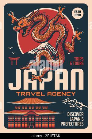 Japan Reisebüro Vektor Retro Poster mit japanischen Wahrzeichen Drachen, traditionelle alte Gebäude Architektur, fuji Berglandschaft.und Sakura Stock Vektor
