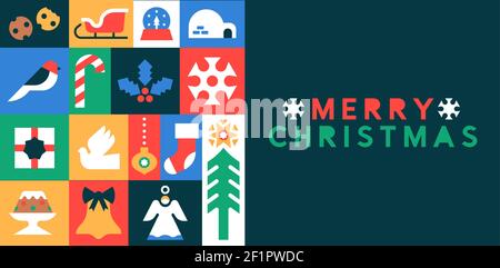 Frohe Weihnachten Web-Banner Illustration von Weihnachten Saison-Icons in bunten geometrischen flachen Stil. Moderne Feier Mosaik-Design umfasst Geschenkbox, bir Stock Vektor