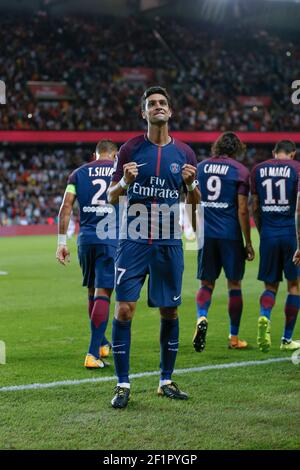 Neymar da Silva Santos Junior - Neymar Jr (PSG) feierte es Tor erzielte, Thiago Silva (PSG), Edinson Roberto Paulo Cavani Gomez (psg) (El Matador) (El Botija) (Florestan), Angel Di Maria (psg) während der französischen Meisterschaft L1 Fußballspiel zwischen Paris Saint-Germain (PSG) und Toulouse Football Club, am 20. August 2017, Im Parc des Princes, in Paris, Frankreich - Foto Stephane Allaman / DPPI Stockfoto