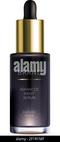 Nachtkosmetikserum für die Gesichtspflege, realistischer Vektor. Violette Glasflasche mit Pipette und flüssigem revitalisierendem Serum, isoliert auf Weiß. Markendesign für hochwertige intelligente Kosmetik Stock Vektor