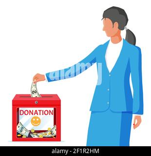 Frau und Spendenbox mit Geld. Spendenbehälter mit goldenen Münzen und Dollarnoten. Wohltätigkeitsorganisation, Spenden, Hilfe und Hilfskonzept. Vektorgrafik im flachen Stil Stock Vektor