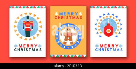 Frohe Weihnachten Grußkarte Set. Moderne skandinavische Kunst-Illustration-Kollektion mit abstrakten geometrischen Formen in Aquarell-Textur. Inklusive Spielzeug Stock Vektor