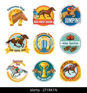 Bunte Pferdesport-Labels und Logos mit Pferden Reiter Cup Horseshoe und Jockey Ausrüstung isoliert Vektor Illustration Stock Vektor