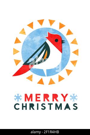 Frohe Weihnachten Grußkarte Illustration der modernen skandinavischen Kunst Stil Kardinal Vogel mit bunten Aquarell Formen. Minimalistisches geometrisches Design Stock Vektor