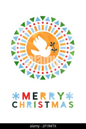 Frohe Weihnachten Grußkarte Illustration von Frieden Taube Vogel mit abstrakten geometrischen Volksformen in Aquarell-Textur. Modernes skandinavisches Design Stock Vektor