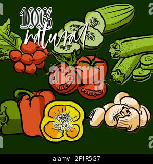 100 Prozent natürliches Gemüse Illustration für Wandkunst und Hemden Abzüge Stock Vektor