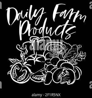 Daily Farm Products Schriftzug auf schwarz für Wandkunst und Hemden-Drucke Stock Vektor