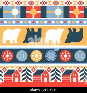 Weihnachtliches Nahtmuster im traditionellen nordischen Folk-Design. Retro Urlaub Hintergrund von Winterwald, Bär Tier und Weihnachten Ornament Dekoration fo Stock Vektor