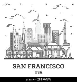 Übersicht San Francisco Kalifornien Skyline der Stadt mit modernen Gebäuden isoliert auf Weiss. Vector Illustration. San Francisco USA Stadtbild mit Referenzmarken Stock Vektor