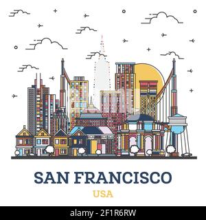 Skizzieren Sie die Skyline von San Francisco, Kalifornien, mit farbigen modernen Gebäuden, die auf Weiß isoliert sind. Vektorgrafik. San Francisco USA Stadtbild Stock Vektor