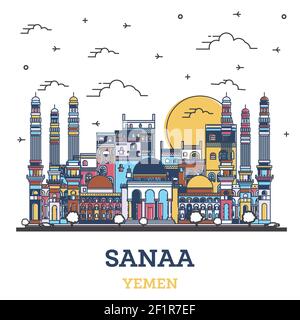 Skizzieren Sie Sanaa Yemen City Skyline mit farbigen historischen Gebäuden isoliert auf Weiß. Vektorgrafik. Sanaa Stadtbild mit Wahrzeichen. Stock Vektor