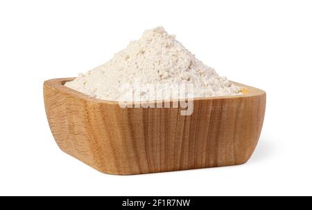 Schüssel mit Mehl auf weißem Hintergrund Stockfoto