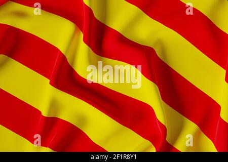 Offizielle Flagge von Katalonien. Nahaufnahme. Abbildung 3D. Stockfoto