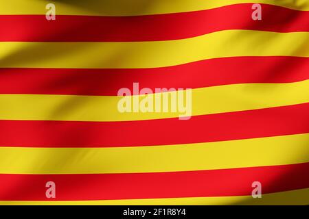 Offizielle Flagge von Katalonien. Nahaufnahme. Abbildung 3D. Stockfoto
