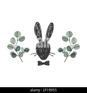 Handgezeichnetes Silhouette Porträt von Gentleman Rabbit Kopf mit Fliege. Eukalyptus Zweige Hintergrund. Osterkonzept, Vektordarstellung isoliert Stock Vektor