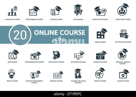 Symbol für Online-Kurs festgelegt. Enthält editierbare Symbole Online-Kurs Thema wie Programmierer, Kunst Kurs, Regisseure Kurs und mehr. Stock Vektor