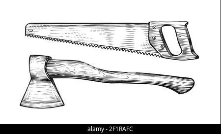 Axt und Sägezeichnung. Schreinerei Werkzeuge in Vintage Gravur Stil Stock Vektor
