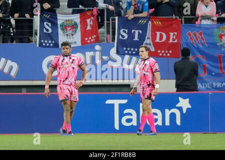 J. Danty (Stade Francais Paris), N. Sanchez (Stade Francais Paris) während der französischen Meisterschaft Top 14 Rugby Union Match zwischen Stade Francais Paris und Lyon OU am 16. Februar 2019 im Jean Bouin Stadion in Paris, Frankreich - Foto Stephane Allaman / DPPI Stockfoto
