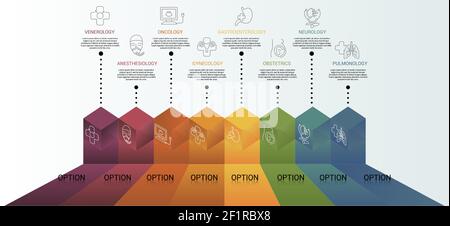 Infografik Medizinische Vorlage. Symbole in verschiedenen Farben. Schließen Sie Venerologie, Anästhesiologie, Onkologie, Gynäkologie und andere ein. Stock Vektor