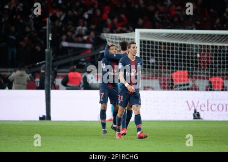 Kylian Mbappe Lottin (PSG)erzielte ein Tor, begrüßt von Thilo KEHRER (PSG), Angel Di Maria (PSG) während der Französisch Championship Ligue 1 Fußballspiel zwischen Paris Saint-Germain und Olympique de Marseille am 17. März 2019 im Parc des Princes Stadion in Paris, Frankreich - Foto Stephane Allaman / DPPI Stockfoto