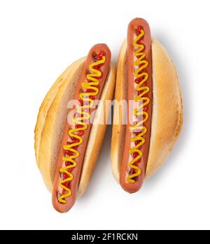 Hot Dog mit Ketchup und Senf auf Weiß Stockfoto