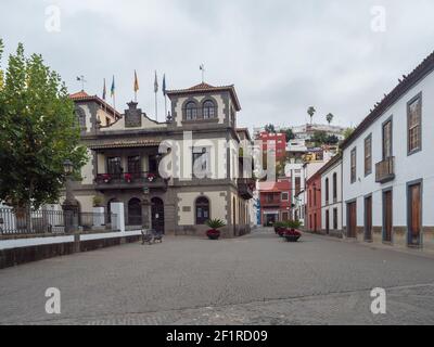 Teror, Gran Canaria, Kanarische Inseln, Spanien 21. Dezember 2020: Ansicht des Rathauses, municipalidad viejoat im Zentrum der historischen Stadt Teror, traditionell Stockfoto