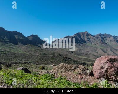 Blick auf felsige Berge und grünes Tal mit großen roten Felsen. Landschaft im Nordwesten von Gran Canaria. Blauer Himmel Stockfoto