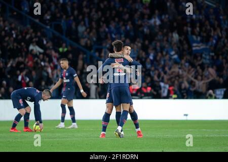 Thilo KEHRER (PSG) Feier, in den Armen von Leandro Daniel PARADEN (PSG) nach seinem Tor erzielte, Kylian Mbappe Lottin (PSG), Marco Verratti (PSG) während der französischen Meisterschaft L1 Fußballspiel zwischen Paris Saint-Germain und RC Strasbourg Elsass am 7. April 2019 im Parc des Princes Stadion in Paris, Frankreich - Foto Stephane Allaman / DPPI Stockfoto