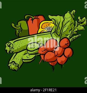 Handgezeichnetes Gemüse mit Radieschen und Zucchini auf grünem Hintergrund Stock Vektor