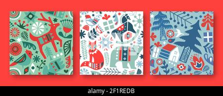 Weihnachten nahtlose Muster Illustration Set. Bunte skandinavische Volkskunst Ikone Hintergründe. Weihnachtsdekoration im klassischen nordischen Stil beinhaltet Winte Stock Vektor
